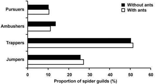 Figure 8. Proportion (= (total of individuals / total of all spider individuals) X 100) of spider guilds on  Qualea multiflora (Vochysiaceae) trees, with and without ants, in the cerrado vegetation