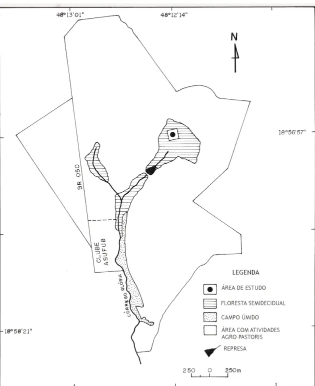 Figura 1: Mapa da Fazenda Experimental do Glória com a localização da floresta estacional  semidecidual onde foi realizado o estudo