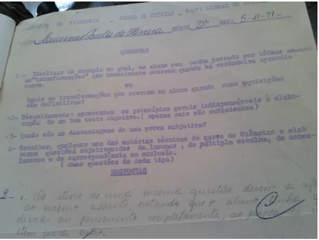 Figura 5 - Avaliação de Psicologia aplicada em uma discente no ano de 1971 – A. 