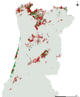 Fig.   1.   Study   area.   Public   forest   land   is   displayed   in   red   and   green,   respectively   burnt   at   least   once   from    1975   to   2011   (67%   of   the   burnable   surface)   and   unburnt   since   1975