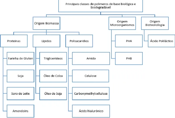 Figura 14- Principais classes de polímeros de base biológica e biodegradável (Bugnicourt, et al., 2014) 