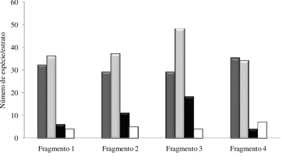 FIGURA 7 – Número de espécies de plantas melitófilas distribuídas na estratificação nos  fragmentos  de  cerrado  sentido  restrito  estudados  no  Triângulo  Mineiro,  no  período  de  janeiro de 2006 a dezembro de 2007