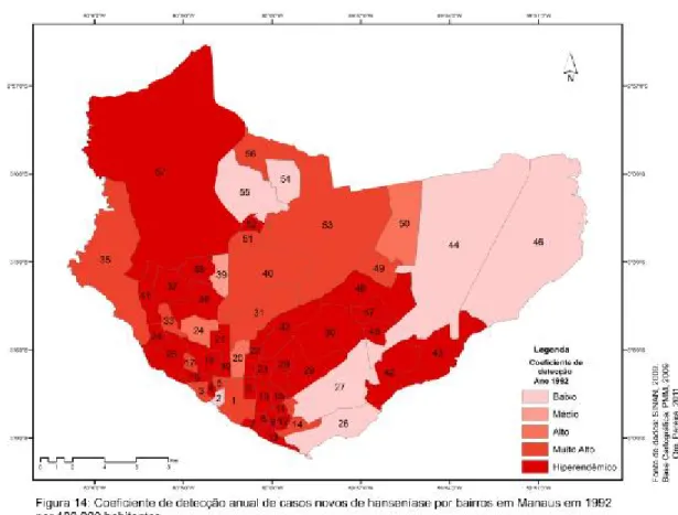 Tabela 12: Coeficiente de detecção de caso novo de hanseníase por bairros de Manaus – 1992 