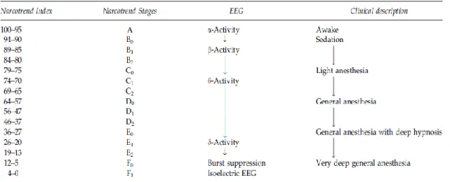 Table  1.2  -  This  table  corresponds  to  an  adaptation  of  Webber  et  al.  2005  and  represents  the  Narcotrend Index and Narcotrend stages, corresponding important electroencephalogram (EEG) features,  and clinical description