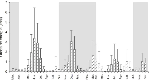 Figura 2. Disponibilidade de néctar floral, média por transecto no cerrado de CCPIU,  Uberlândia-MG de Março de 2009 a Dezembro de 2010