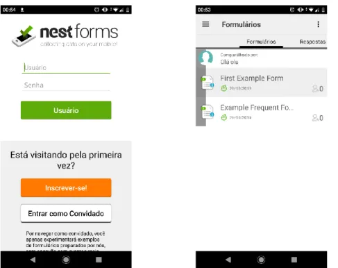 Figura 3: Página inicial da aplicação Nest Forms em Android (à esquerda) e página de  formulários (à direita) 