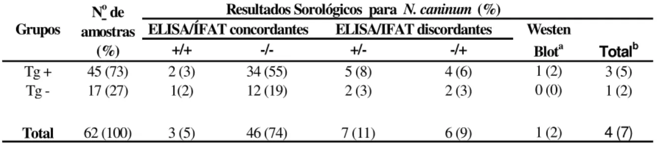Tabela  2.  Resultados  sorológicos  obtidos  por  ELISA,  IFAT  e  WB  para  detecção  de  anticorpos IgG anti-N