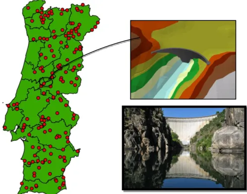 Figura 1.1– Grandes Barragens em Portugal, com referência para a barragem do Cabril [adaptada de  (Wikipédia, 2013)]