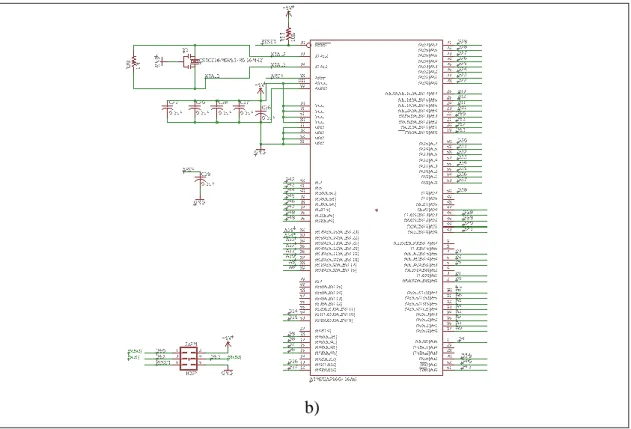 Figura 3.7 – a) Catálogo do microcontrolador, b) Esquema do microcontrolador no Eagle [35]