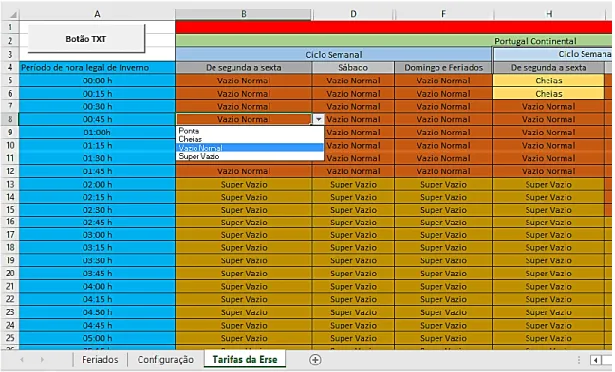 Figura 3.18 – Folha do Excel que ilustra os horários da ERSE. 