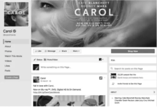 Fig. 30 Adaptação da  comunicação visual  do filme Carol (2015)  à publicitação pelas  redes sociais — neste  caso, Facebook