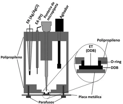 Figura 4. Esquema de uma célula BIA com detecção eletroquímica, adaptada para o uso com  eletrodo de diamante dopado com boro