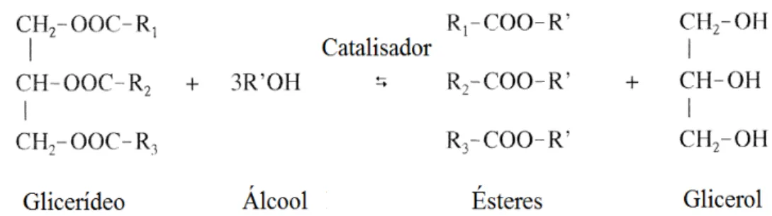 Figura 1. Transesterificação de triglicerídeos com álcool de cadeia curta e catalisador obtendo  mistura de ésteres [4]