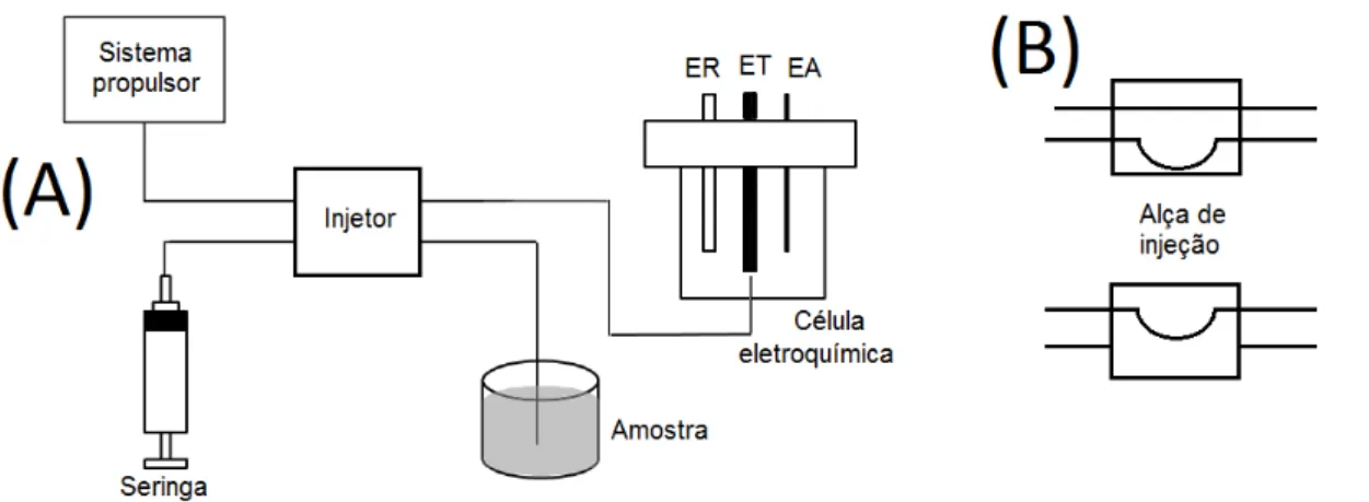 Figura 5. Esquema do sistema FIA utilizado (A) com detalhe do injetor comutador (B). 