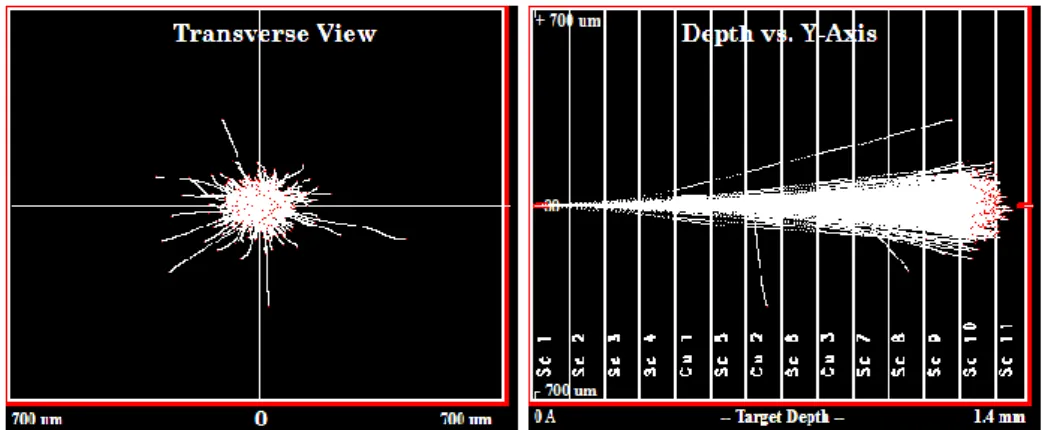 Figure 3.7 – SRIM/TRIM graphical outputs: transversal view of ions in the last foil of the stack (left); and longitudinal  trajectories of ions simulated over the entire stack (right)