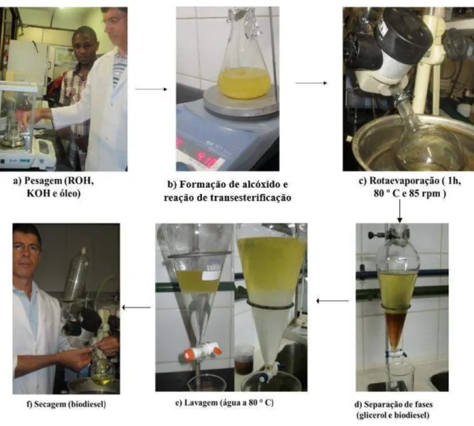 Figura 9  ‒  Processo de reação de transesterificação do biodiesel. (a) Pesagem; (b) Formação  de alcóxido e reação de transesterificação; (c) Rotaevaporação; (d) Separação de fases; (e) 