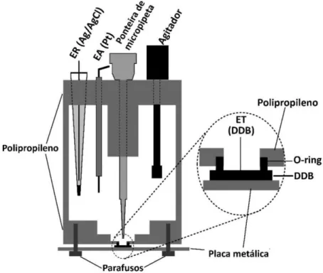 Figura 6.   Esquema de uma célula BIA com detecção eletroquímica, adaptada para o  uso com eletrodo de diamante dopado com boro (BDD) [69]