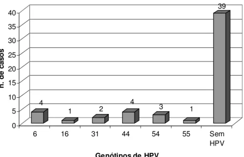 Figura  4  -  Distribuição  dos  50  casos  de  CEB  segundo  o  número  e  tipos de HPV identificados na amostra