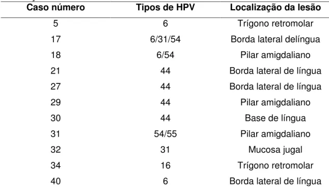 Tabela  1  –  Descrição  dos  casos  positivos  para  o  HPV,  seus  genótipos  tipados  e  localização da lesão