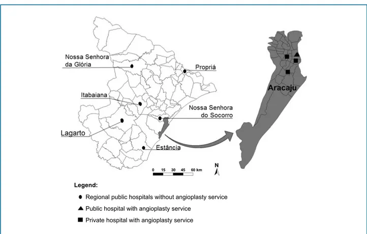 Figure 2 - Location of the regional hospitals that can perform angioplasty in the state of Sergipe.