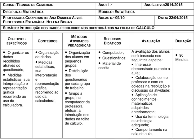 Tabela 4 - Planificação da Aula n.º 9/10 