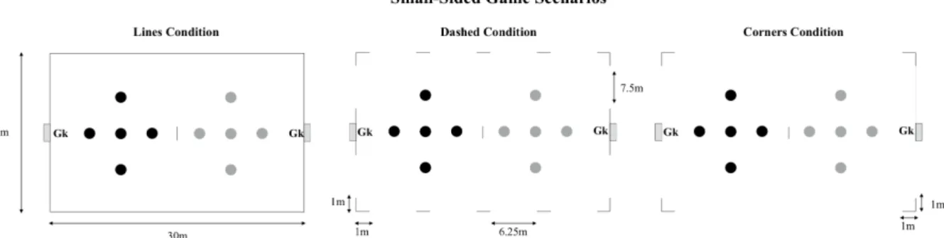 Figure 3.1.1. Representation of SSG pitch external boundaries conditions: pitch with lines (left figure – Lines),  pitch with dashed lines (middle figure – Dashed) and with just corners (right figure – Corners)