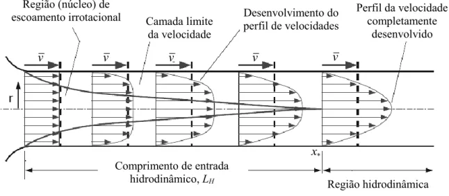 Figura 3.3 – Desenvolvimento de um escoamento no interior de um tubo circular (adaptado de Çengel  e Cimbala, 2006)