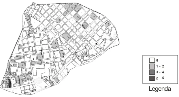 FIGURA 13 - Representação esquemática de quadras do bairro Centro – Sobral-CE com casos de  hanseníase no período de 2004 a 2006