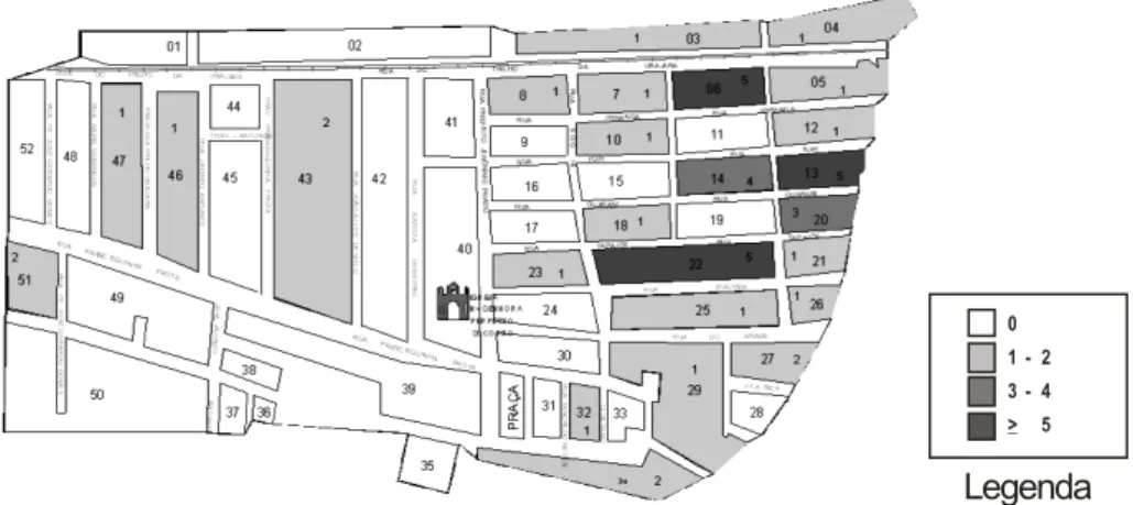 FIGURA 1 - Representação esquemática de quadras do bairro Dom José - Sobral – CE  com casos de hanseníase no período de 2004 a 2006