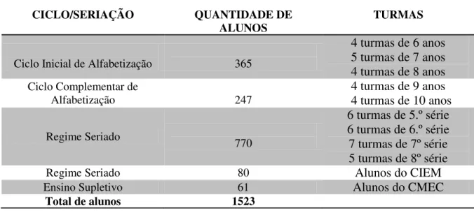 Tabela 1 - Quantidade de Turmas da Escola Sabiá 
