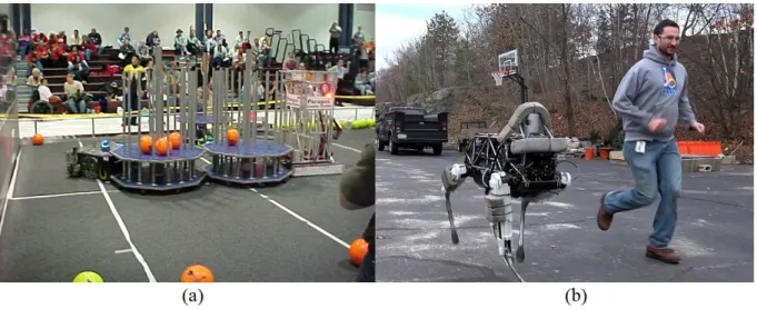 Figura 2.3  –  Diferentes ambientes de trabalho para robôs (a) Competição de robôs (ambiente interno); (b) Adaptação  de frame da apresentação do robô Spot (ambiente externo)