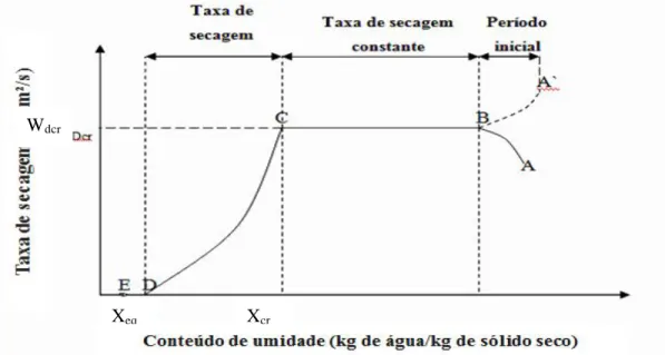 Figura 6 – Variação da taxa de secagem com a umidade do sólido (SFREDO, 2006). 