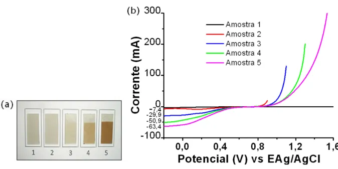 Figura 17: (a) Fotos dos eletrodos de FTO modificados com P3AMF (2,5 x 10 2  mol.L 1 ) após 100 sucessivos ciclos de potencial variando entre:  0.2 V e: +0.9 