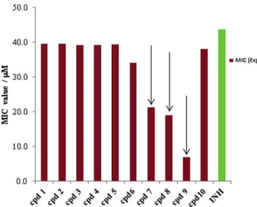 Fig. 10. Experimental MIC values for the 10 selected compounds against mutated katG (S315T)