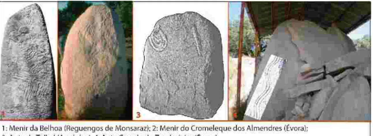 Fig. 2. Gravuras presentes em alguns dos monumentos megalíticos alentejanos2.1. Decorações e motivos: outras leituras possíveis (ou imaginárias?)