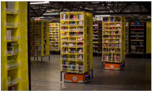 Figura  1.2.  Robôs  móveis  responsáveis  pela  movimentação  de  inúmeras  prateleiras  de  produtos em um dos armazéns da empresa Amazon (BERGER, 2014) 