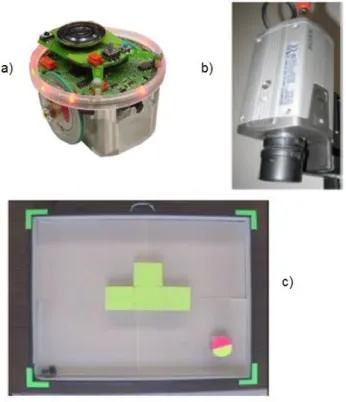 Figura 3.1. a) robô E-Puck; b) câmera Sony para captura das imagens; c) campo com objetos  (Adaptado de SUMBAL, 2016) 