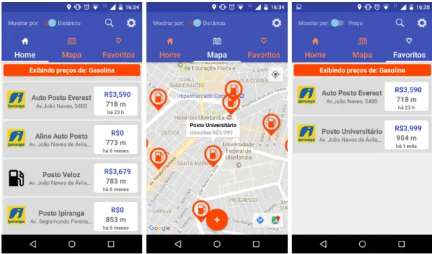 Figura 10 Ű Telas iniciais do aplicativo. Da esquerda para direita:Home, Mapa, Favoritos.