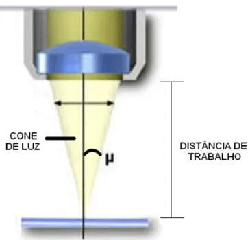 Figura 2.21 – Representação do cone de luz formado pelo conjunto lentes da objetiva. 