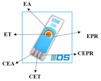 Figura  5:  Imagem  de  um  SPGE-LT.  ET:  eletrodo  de  trabalho;  EPR:  eletrodo  pseudo-  referência;  EA:  eletrodo  auxiliar;  CET:  contato  do  eletrodo  de  trabalho;  CEPR:  contato  do  eletrodo pseudo-referência; CEA: contato do eletrodo auxilia