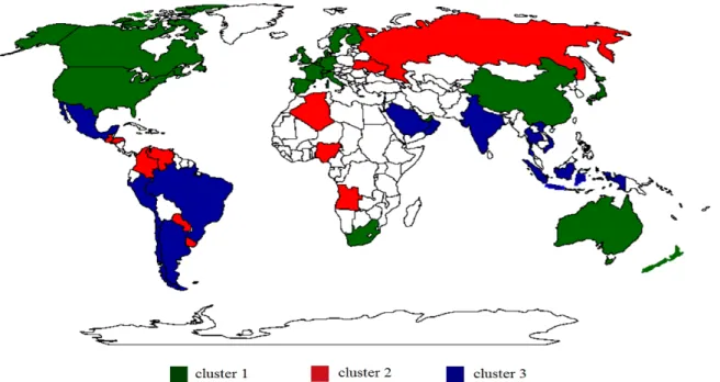 Figura 5: Mapa dos países e suas classificações em clusters de acordo com método K- K-means com base no LPI geral
