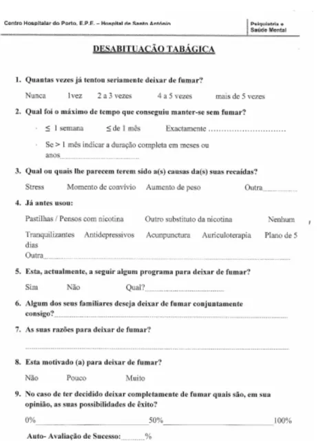 Figura 5. Questionário de Desabituação Tabágica. Fonte: UPL-PS–CHUP. 