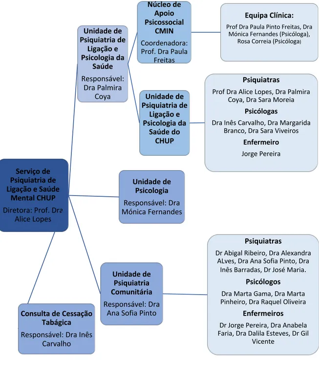 Figura 9. Organização e constituição do Serviço de Psiquiatria e Saúde Mental  do CHUP  (adaptado  do  organigrama  oficial   do serviço)