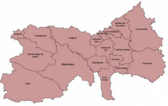 FIG. 3  -  Mapa da área de abrangência das RS: Uberlândia–Araguari e Patrocínio-Monte Carmelo da   Superintendência Regional de Saúde de Uberlândia 