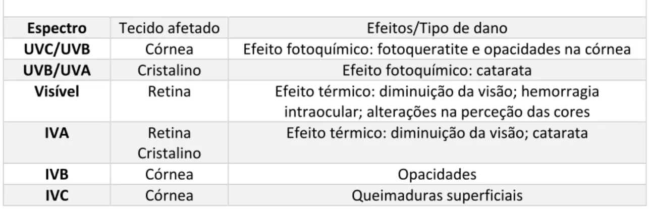 Tabela 3 – Efeitos da radiação solar no olho humano de acordo com cada região do espetro 