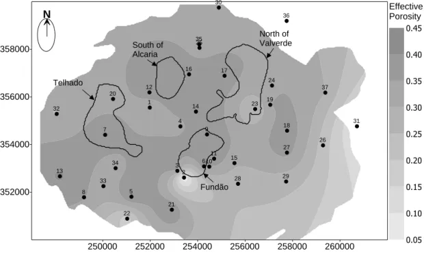 FIGURE 8  250000 252000 254000 256000 258000 260000352000354000356000358000123456789101112131415161718192021222324252627282930 31323334353637 0.050.100.150.200.250.300.350.400.45 Effective PorosityNTelhadoSouth ofAlcariaFundãoNorth ofValverde