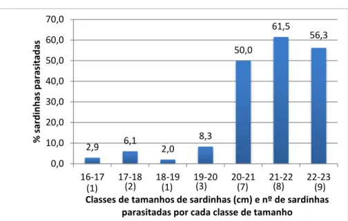 Fig. 8- Percentagem de cavalas parasitadas por classes de tamanhos. 