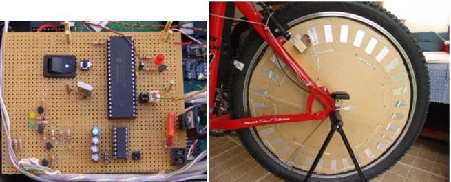 Figura 3.4: Circuito do odómetro e roda da bicicleta com superfícies reectoras.