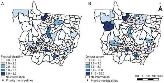 Figure 2. Geographic distribution of new cases of leprosy in children under 15 years of age in priority  and non-priority municipalities from the State of Mato Grosso according to the following variables: 