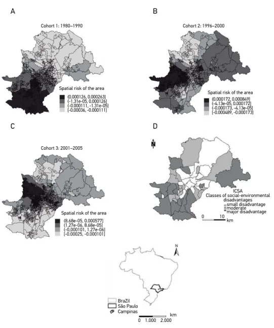 Figure 1. Maps of the spatial effects for the census tracts (posteriori means) for AIDS mortality in  the cohorts studied (A, B, C) and a map of socio-environmental disadvantage classes (D, obtained  from article Costa et al